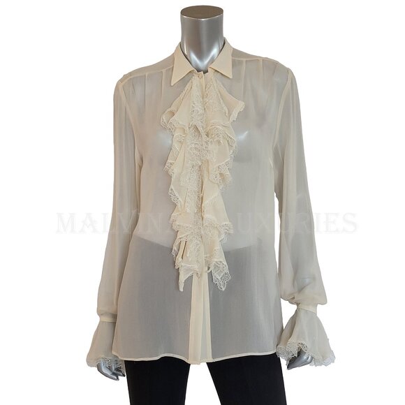 BLUMARINE TOP RUFFLE LONG SLEEVE SILK BLOUSE sz IT 42 US 6 - Picture 2 of 12